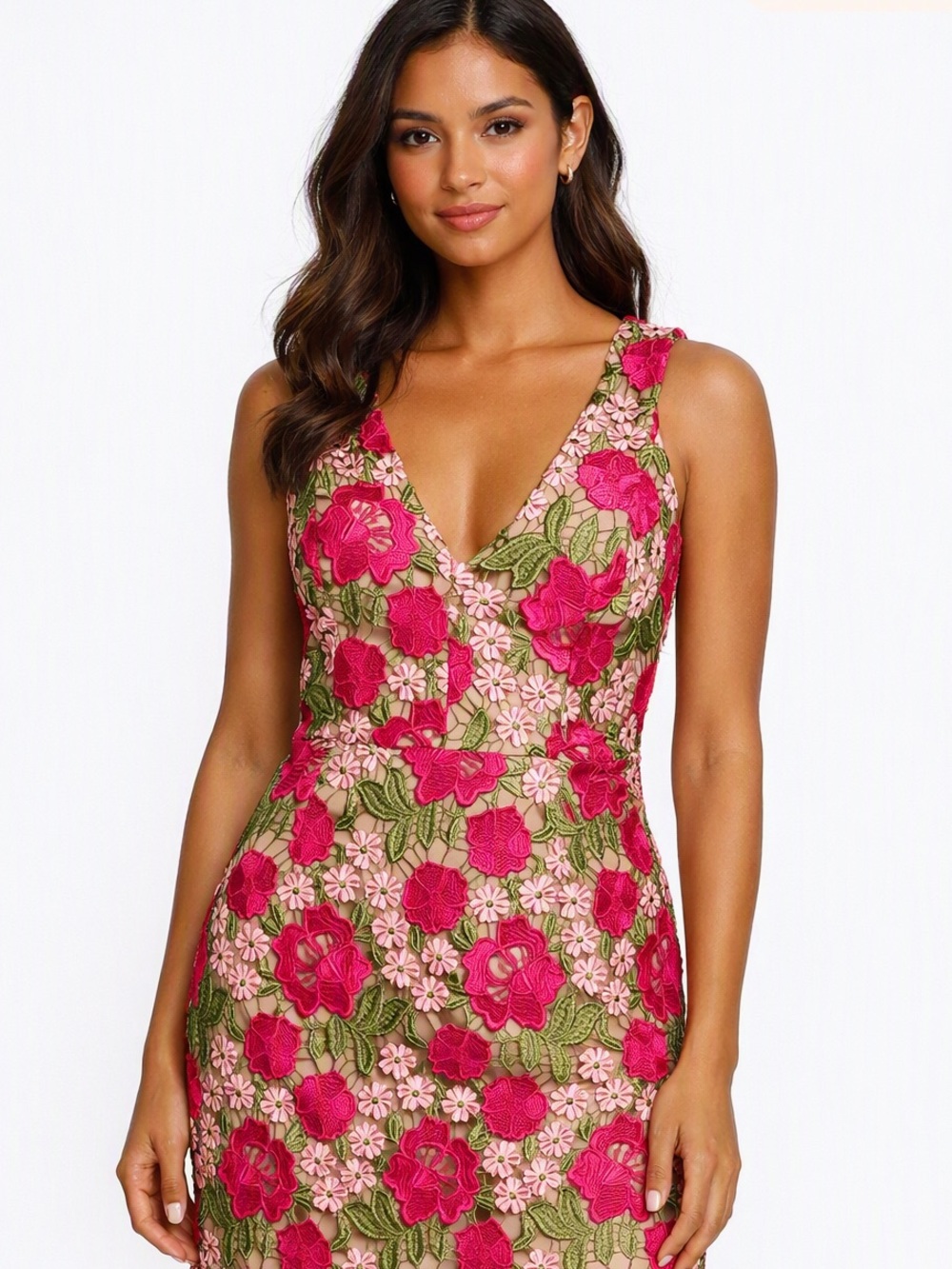 NWT OCCASION by DEX - Fuchsia Roses Lace Sheath Dress. V-neck.
